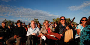 Noel Pearson,Mark Leibler,Pat Anderson and Megan Davis during the closing ceremony in the Mutitjulu community of the First Nations National Convention at Uluru in May 2017.