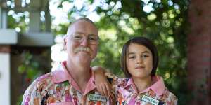 Steven Sloan and son Rupert in their handmade shirts. The “Stephen” name patch is a reference to Swift’s song<i>Hey Stephen</i>.