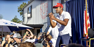 Republican presidential candidate Vivek Ramaswamy raps an Eminem song during the Iowa State Fair.