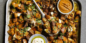 Patatas bravas with kind-of brava sauce (top right) and roast garlic aioli (bottom).