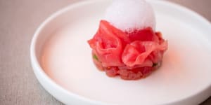 Go-to dish:Yellowfin tuna,slightly dried ox heart tomato and burrata and basil foam.