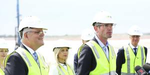 Prime Minister Scott Morrison and NSW Premier Dominic Perrottet during a visit to the Western Sydney Airport construction site on November 19,2021.