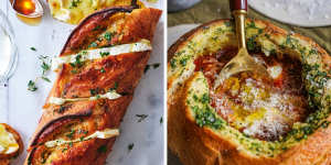 Adam Liaw’s garlic and brie baguette (left) and Katrina Meynink’s garlic bread cobb loaf bowl (right).