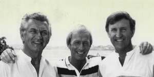 Bob Hawke and tourism minister John Brown with Paul Hogan during the era of the “throw another shrimp on the barbie” campaign in 1984.