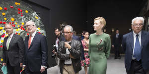 Australia Council chair Rupert Myer and federal Arts Minister George Brandis view the new Australian Pavilion in Venice with Simon Mordant and Cate Blanchett.