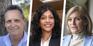 Crossbenchers (from left) Andy Meddick,Samantha Ratnam and Fiona Patten have been negotiating with the state government.