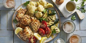 Italian marinated chicken with grilled vegetables and smushed potatoes. 