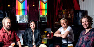 Fruit Box Theatre’s Madeleine Gandhi (middle left) and Sean Landis (middle right) will host a takeover of Oxford Street’s newest venue,Meraki Arts Bar,during WorldPride. Meraki venue manager Kieran Took (far left) and artistic director Luke Holmes (far right). 