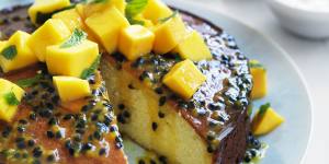Refreshing and fruity:passionfruit syrup cake with mango salsa.