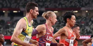 Patrick Tiernan (left) in the men’s 10,000 on Friday night.