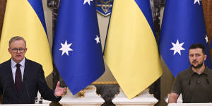 Australian Prime Minister Anthony Albanese (left) and Ukrainian President Volodymyr Zelenskiy speak to the media during a press conference at the Presidential Palace in Kyiv,Ukraine,Sunday,July 3,2022.
