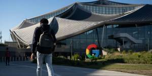 An employee arrives at the Google Bay View campus in Mountain View,California.