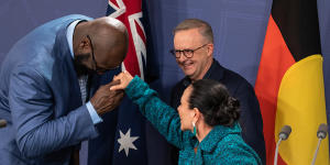 Australian Prime Minister Anthony Albanese,Minister for Indigenous Australians Linda Burney and former NBA star Shaquille O’Neal