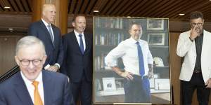 PM Anthony Albanese,Opposition Leader Peter Dutton,former prime minister Tony Abbott and Johannes Leak during the unveiling of Abbott’s official portrait.