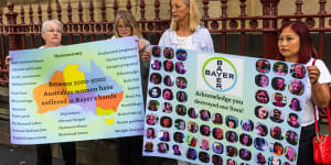 Sandra Henderson is pictured (far left) at the Victorian Supreme Court with other women who say they were harmed by the Essure,Ursula Domzalski,Debra Hodges and Nina Bernius.