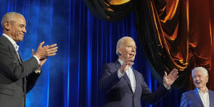 Big hopes for big dollars:President Joe Biden and former presidents Barack Obama and Bill Clinton at a fundraising event at Radio City Music Hall in New York on Thursday.
