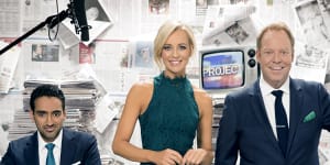 Waleed Aly (left) with Carrie Bickmore and Pete Helliar,both of whom left The Project at the end of 2022.