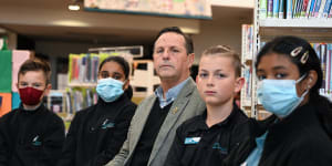(left to right) Ryan Hunter,Aishy Badesha,Greg Lacey,principal,Patrick Robertson- and Avani Puliyullathil. Lyndhurst Primary School is juggling covid/flu and staffing shortages. 
