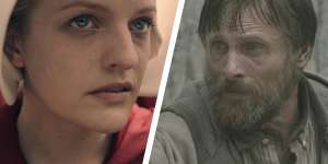 Are the dystopian stories we tell as powerful as we think? Elisabeth Moss in The Handmaid’s Tale and,right,Viggo Mortensen in The Road.