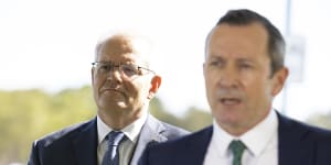 Scott Morrison,in the shadow of WA Premier Mark McGowan. The Liberal Party’s result in WA was a huge factor in its May 21 election loss.