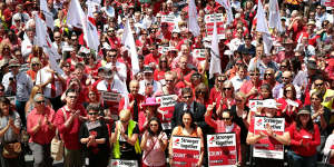 Public servants protest against low government pay offers at a rally in Canberra last year.