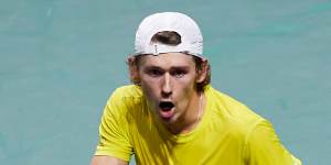 Alex de Minaur celebrates his win in the quarter-final against the Netherlands.