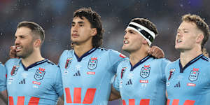 Proud Blue:Casey McLean (second from left) was impressive for the Blues on debut off the bench in the Origin opener against Queensland last month.