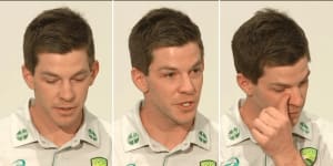 Tim Paine at the press conference in which he resigned as Australia’s Test captain.