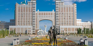 The Kay Munay Gaz building and the Bayterek monument,Astana.