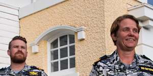 Warrant Officer of the Navy Deb Butterworth and Lieutenant Matthew Dodds wearing the new uniform at HMAS Cresswell,Jervis Bay.