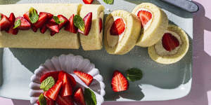 Adam Liaw recipe:Strawberries and cream roll cake Photograph by William Meppem (photographer on contract,no restrictions)