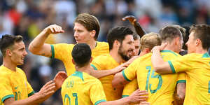 The Socceroos celebrate Mitchell Duke’s goal against New Zealand at Eden Park - their last fixture before the World Cup.
