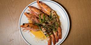 Wild and native:Grilled prawns with kelp butter and sea lettuce.