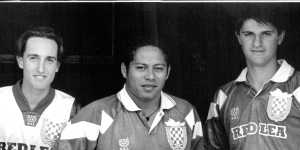 Sydney Croatia became Sydney United in 1993. Mario Jerman,Manis Lamond and Ivan Topic model the jerseys brought in at the time of the change.