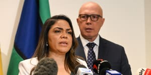 Shadow minister for Indigenous Australians Jacinta Nampijinpa Price and Opposition Leader Peter Dutton.