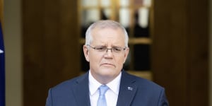 Prime Minister Scott Morrison during a press conference at Parliament House in Canberra on Sunday 10 April 2022 