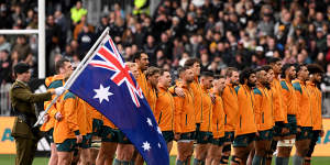 The Wallabies before Saturday’s Bledisloe Cup match against New Zealand in Dunedin. 