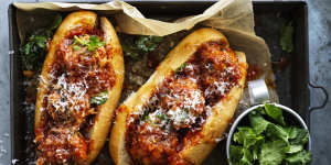 Spicy pork and spinach meatball subs. 