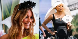 Former face of Myer Jennifer Hawkins (left) and an entrant in the 2022 fashions on the field.