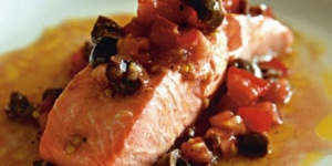 Poached ocean trout with olive salsa
