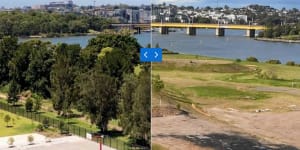 Screenshots shows Wentworth Point peninsula park before and after Landcom 2019 works