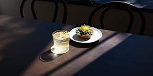 Pear tart and house made jasmine iced tea at Jinius,Dawes Point. 