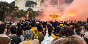 Crowds at Darling Harbour on Sunday morning for the Socceroos match.