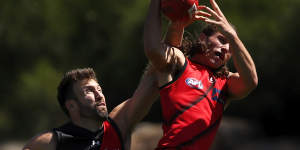 Youngster Archie Perkins goes up against Cale Hooker at training.