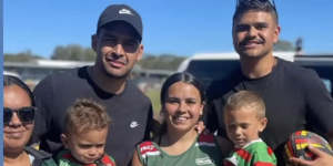 Walker and Mitchell with fans at Cabbage Tree Island on Thursday.