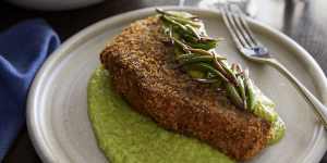 Pork tonkatsu with salsa verde and chayote.