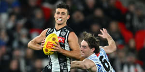 Too good:Nick Daicos’ evasive skills are a sight to behold,and he is now having a direct impact on the scoreboard since being shifted into a midfield-forward role.