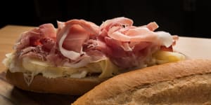 A Rocco Roll with ruffles of prosciutto.