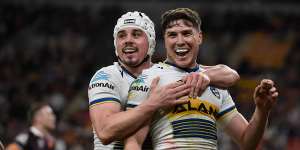 Reed Mahoney (left) and Mitchell Moses celebrate a Parramatta Eels try.