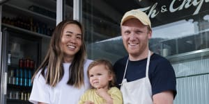Tania Ho and Ben Sinfield with their daughter Rosie at Rosie’s Proper Fish and Chips.